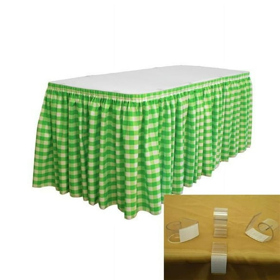 LA Linen SKTcheck30x29-15Lclips-LimeK84 Oversized Checkered Table Skirt with 15 L-Clips, White & Lime - 30 ft. x 29 in.