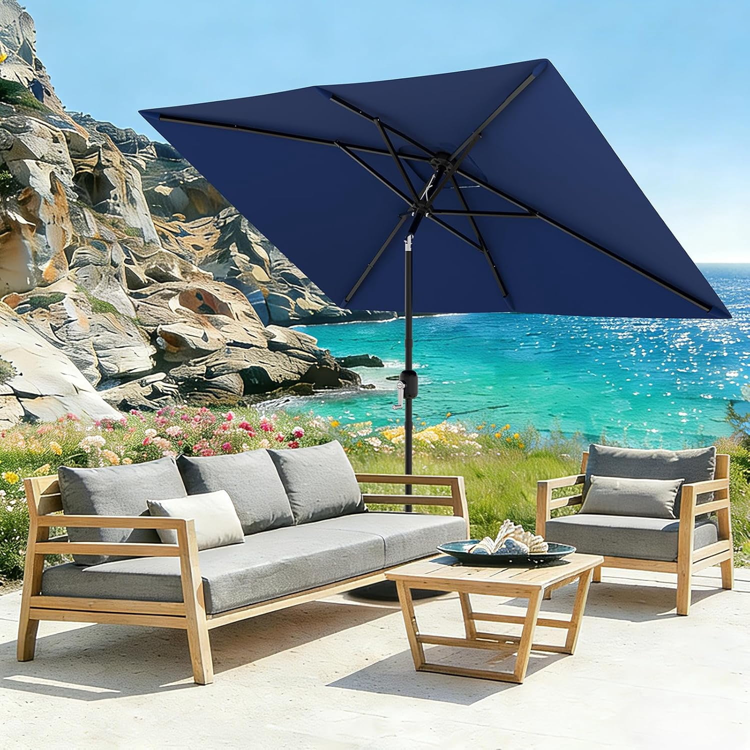 10' x 6.5' Rectangular Patio Umbrella, Outdoor Table Umbrella with Crank and Push Button Tilt, Market Umbrella Sun Umbrella with 6 Sturdy Ribs Tilt for Garden, Deck, Lawn, Pool -Navy Blue