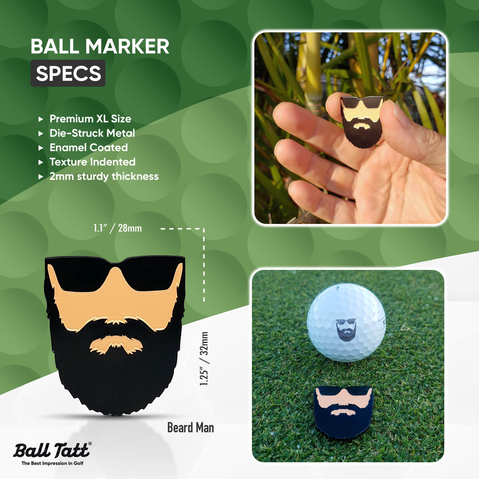 Ball Tatt - Golf Ball Stamp Self-Inking Waterproof with Hatclip and Ball Marker, Beard Man