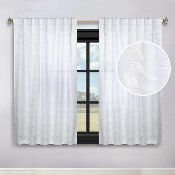 Superior Blackout Leaves Light Filtering Back Tab Curtain Panel Set, 52"x63", White-White