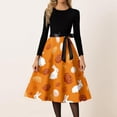 thumbnail image 2 of LWavelet Women's Long Sleeve Fit-and-Flare Dress, Patchwork Bunny & Carrot Print with Satin Bow Belt for Casual & Easter Outfits Saffron L, 2 of 4