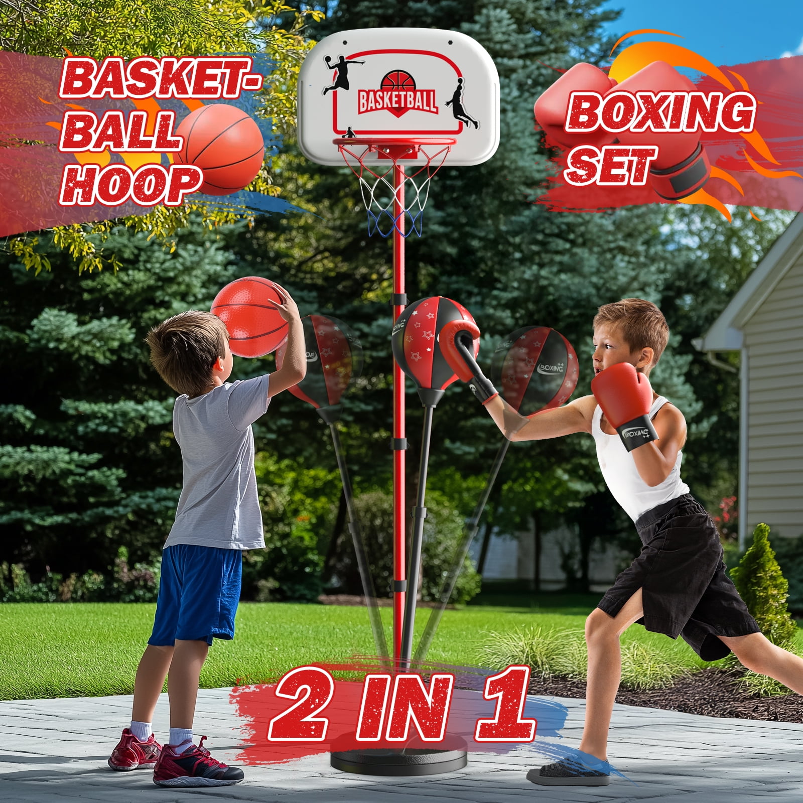 JoyStone 2 in 1 Kids Basketball Hoop and Punching Bag, Adjustable Stand with Boxing Gloves & 2 Balls, Toddler Basketball Hoop and Boxing Bag Set Toy for Outdoor Indoor Sports Games