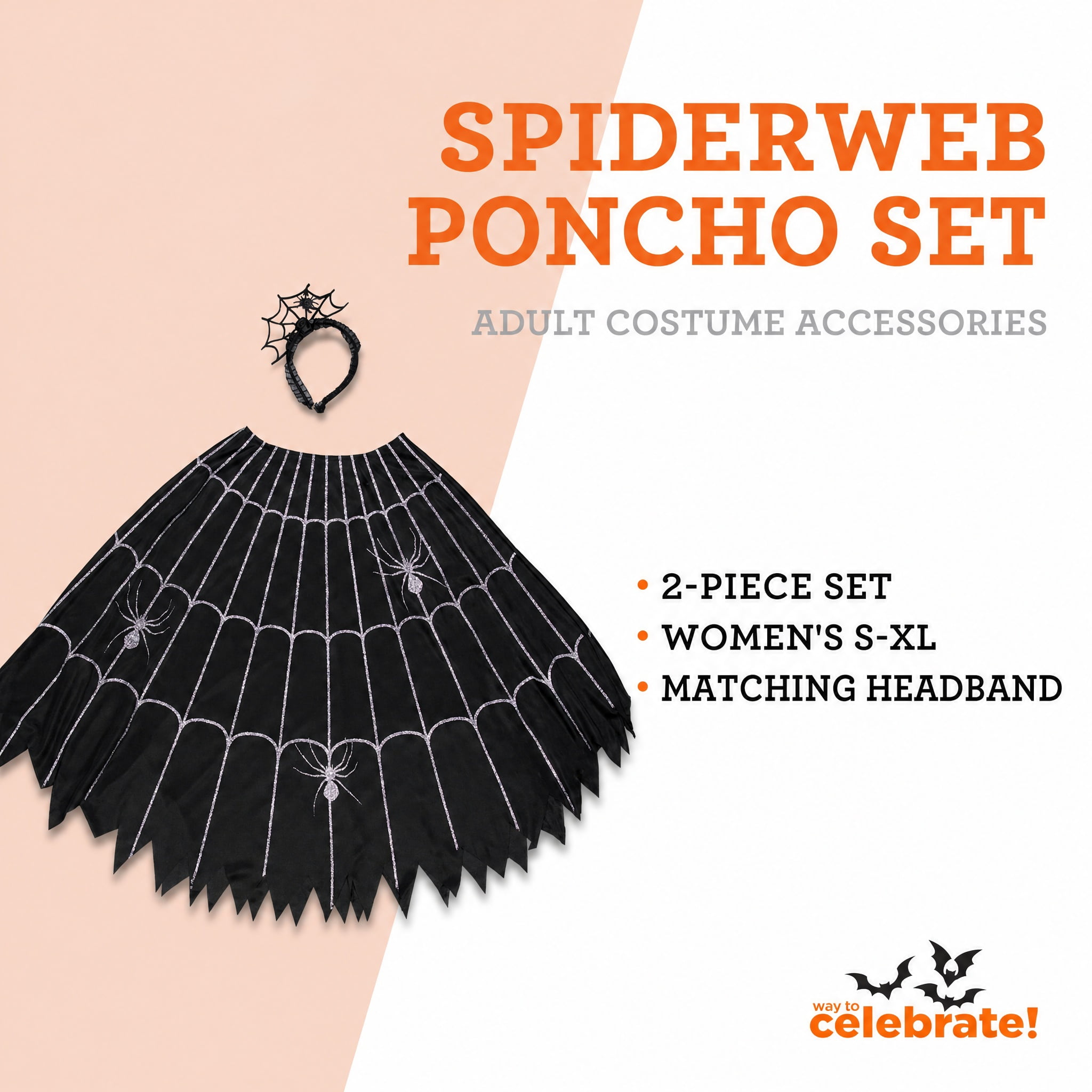 Spiderweb Poncho Costume Accessory Set for Adults, Black and Silver, S-XL, 2 Pieces, Halloween by Way To Celebrate