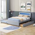 thumbnail image 3 of Queen Size Upholstered Bed with Twin Size Trundle, 2 Drawers, LED and USB Charging, Queen Platform Bed Wood Frame with Storage and Headboard, No Box Spring Needed, Gray, 3 of 8