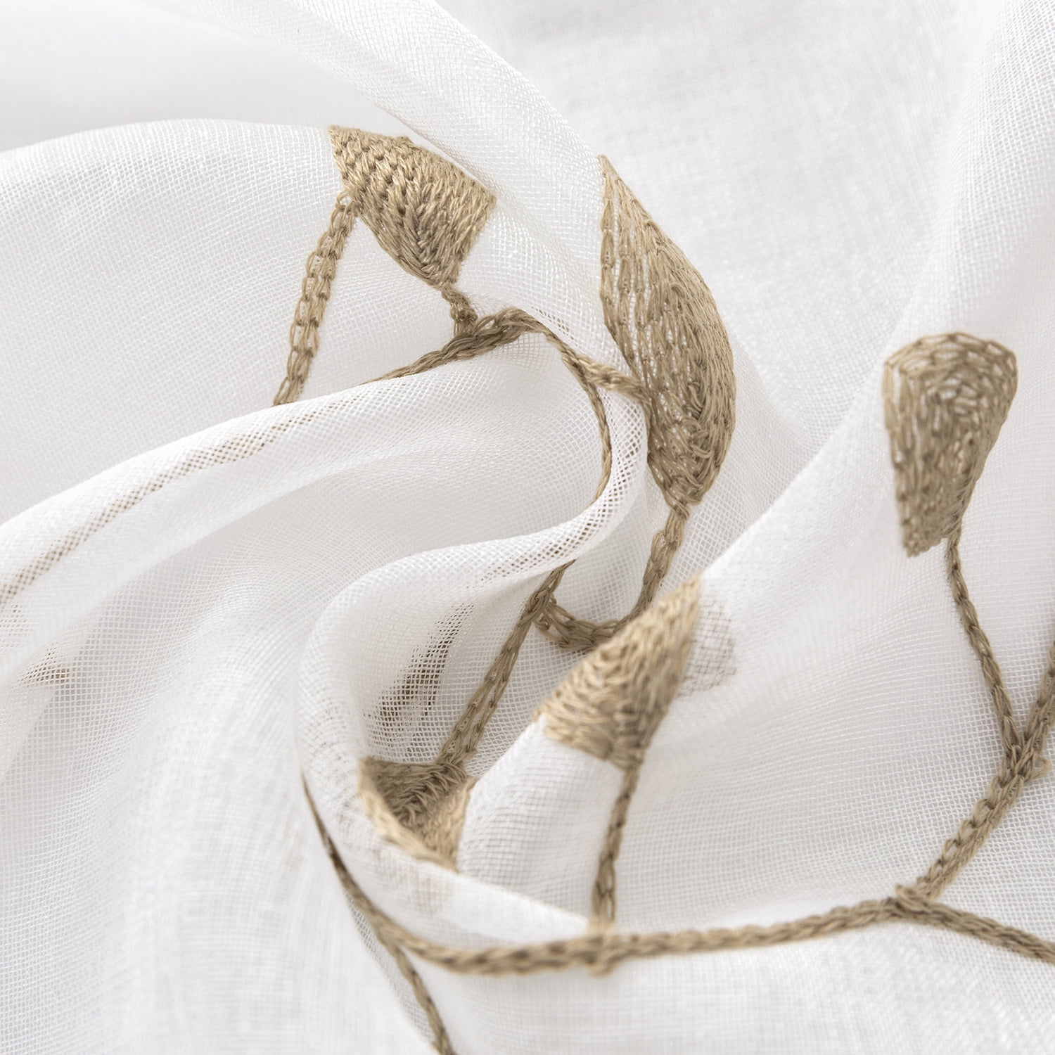 Sunyuer Leaves Short Sheer Curtains Taupe Leaf Embroidery Curtain Rod Pocket Voile Faux Linen Embroidered Leaves Curtains for Bedroom Living Room, 52W X 84L inch, Set of 2 Panels, Taupe