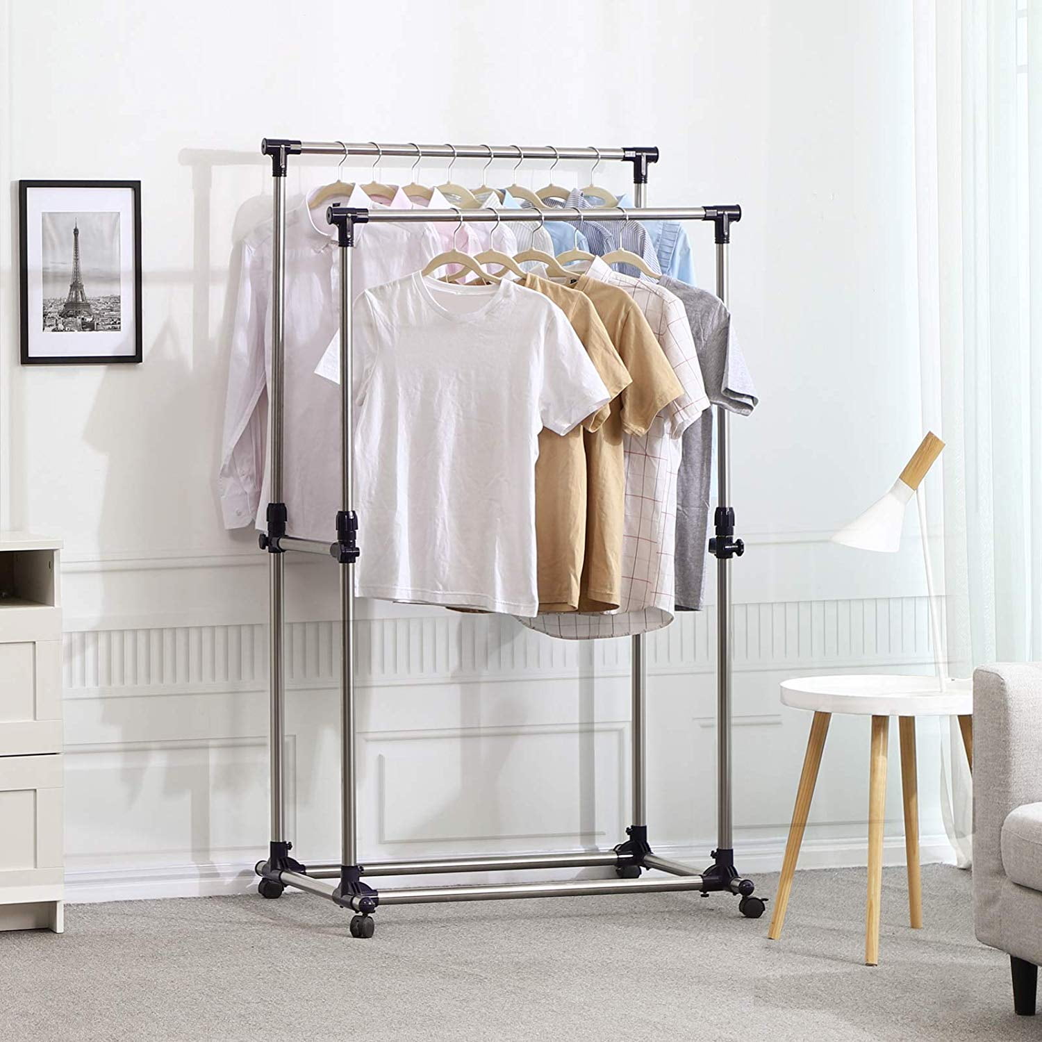 Heavy Duty Double Adjustable Portable Clothes Dry Hanger Rolling Rack Rail 