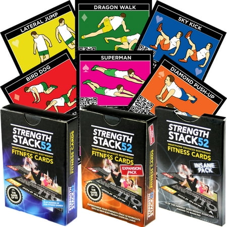 Exercise Cards Tri Pack: Strength Stack 52 Bodyweight Workout Playing Card Game. Designed by a Military Fitness Expert. Video Instructions Included. No Equipment Needed. At Home Training