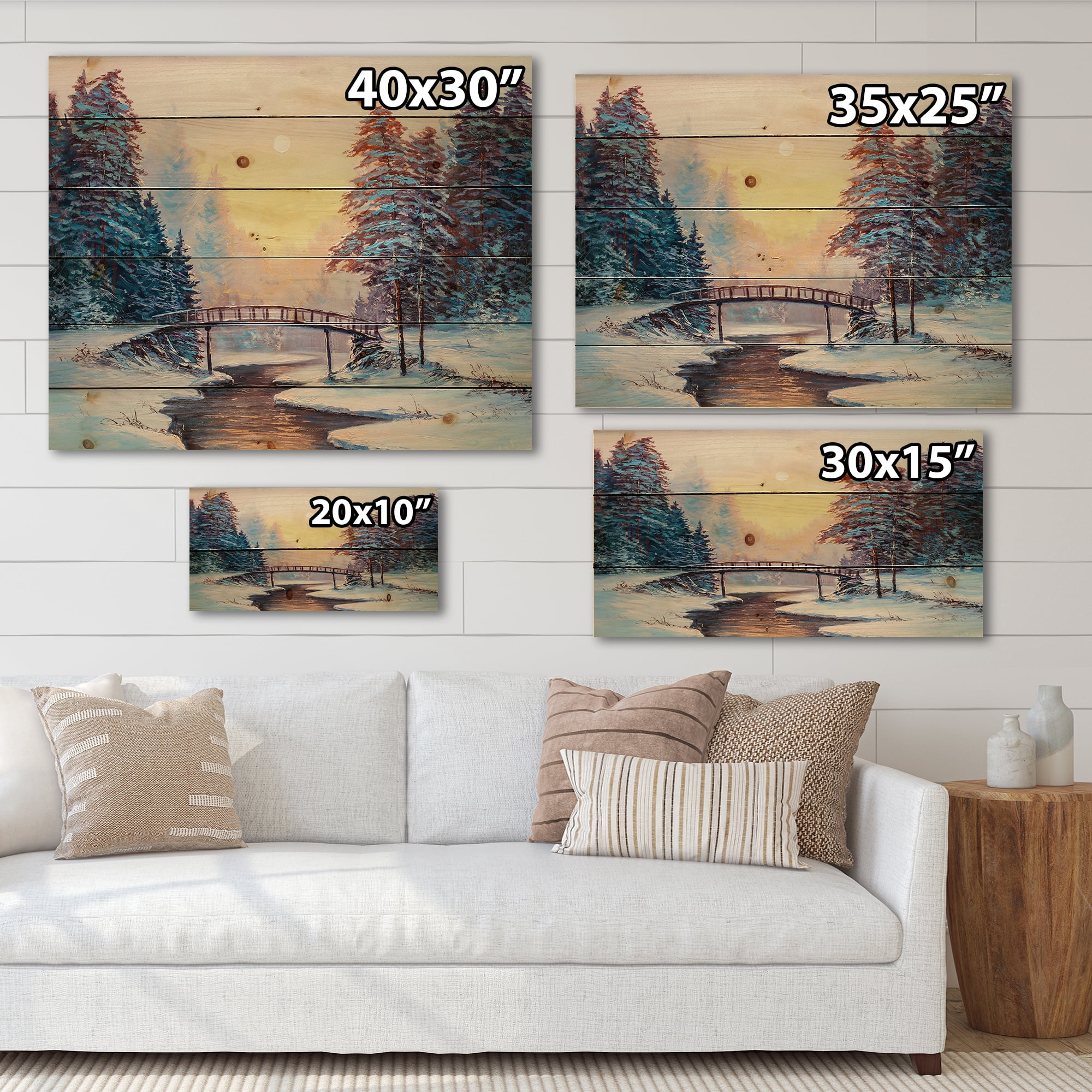 Designart 'Snow Covered Landscape and Little Bridge' Traditional Print on Natural Pine Wood