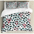thumbnail image 1 of Geometric Duvet Cover Set, Paint Brush Effect Backdrop with Black Dots and Triangles Retro Motifs, Decorative Bedding Set with Pillow Shams, Seafoam Coral Black, by Ambesonne, 1 of 3