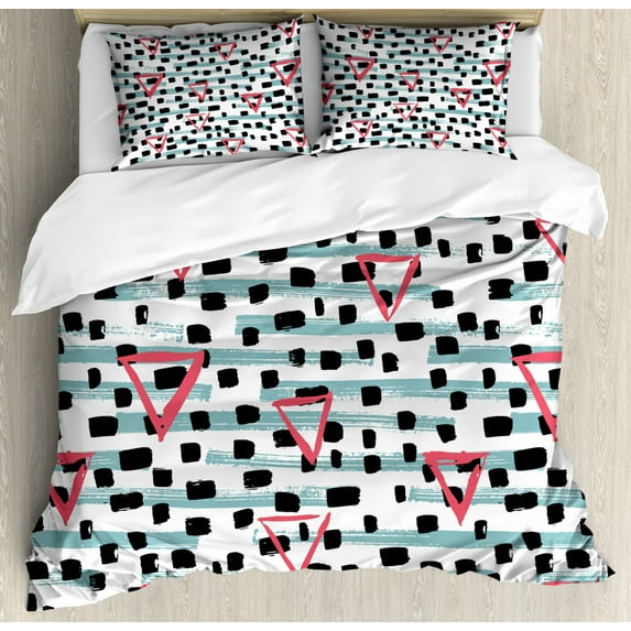 Geometric Duvet Cover Set, Paint Brush Effect Backdrop with Black Dots and Triangles Retro Motifs, Decorative Bedding Set with Pillow Shams, Seafoam Coral Black, by Ambesonne
