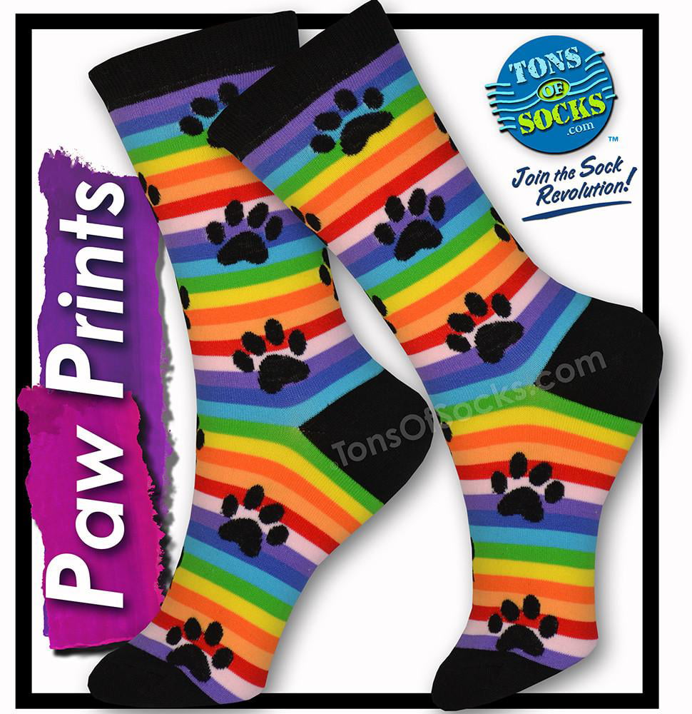 K.Bell Bright Rainbow Stripes Feline Cats Or Dogs Paw Print Ladies Socks New