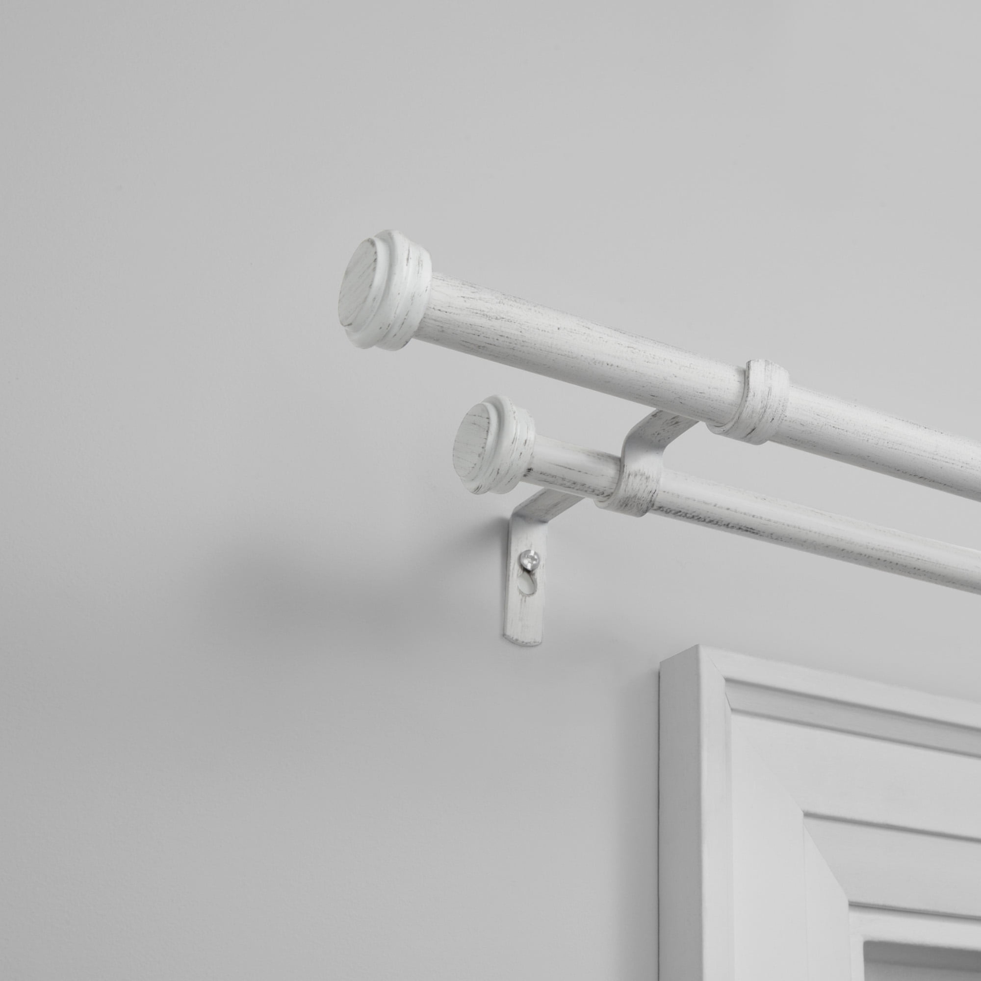 Exclusive Home Topper Double Curtain Rod and Finial Set, Distressed White, 36"-72"