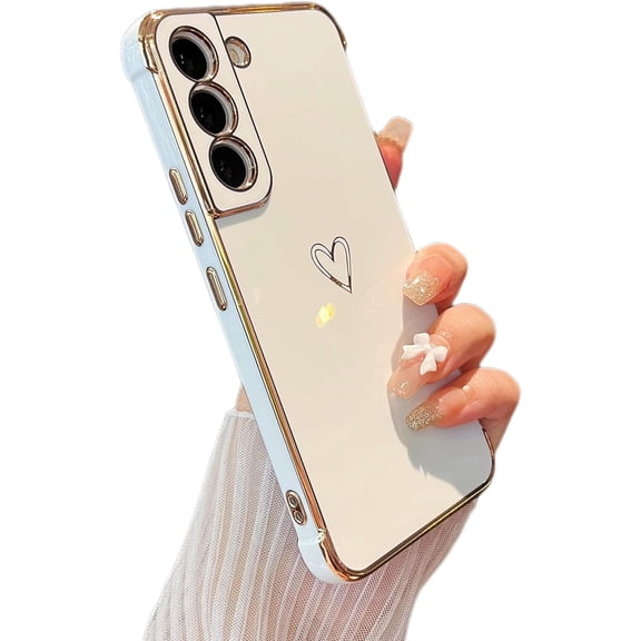 for Samsung Galaxy S22 5G Case,Cute Plating Edge Love Hearts Pattern with Camera Lens Protection Phone Cover for Girls Women,White