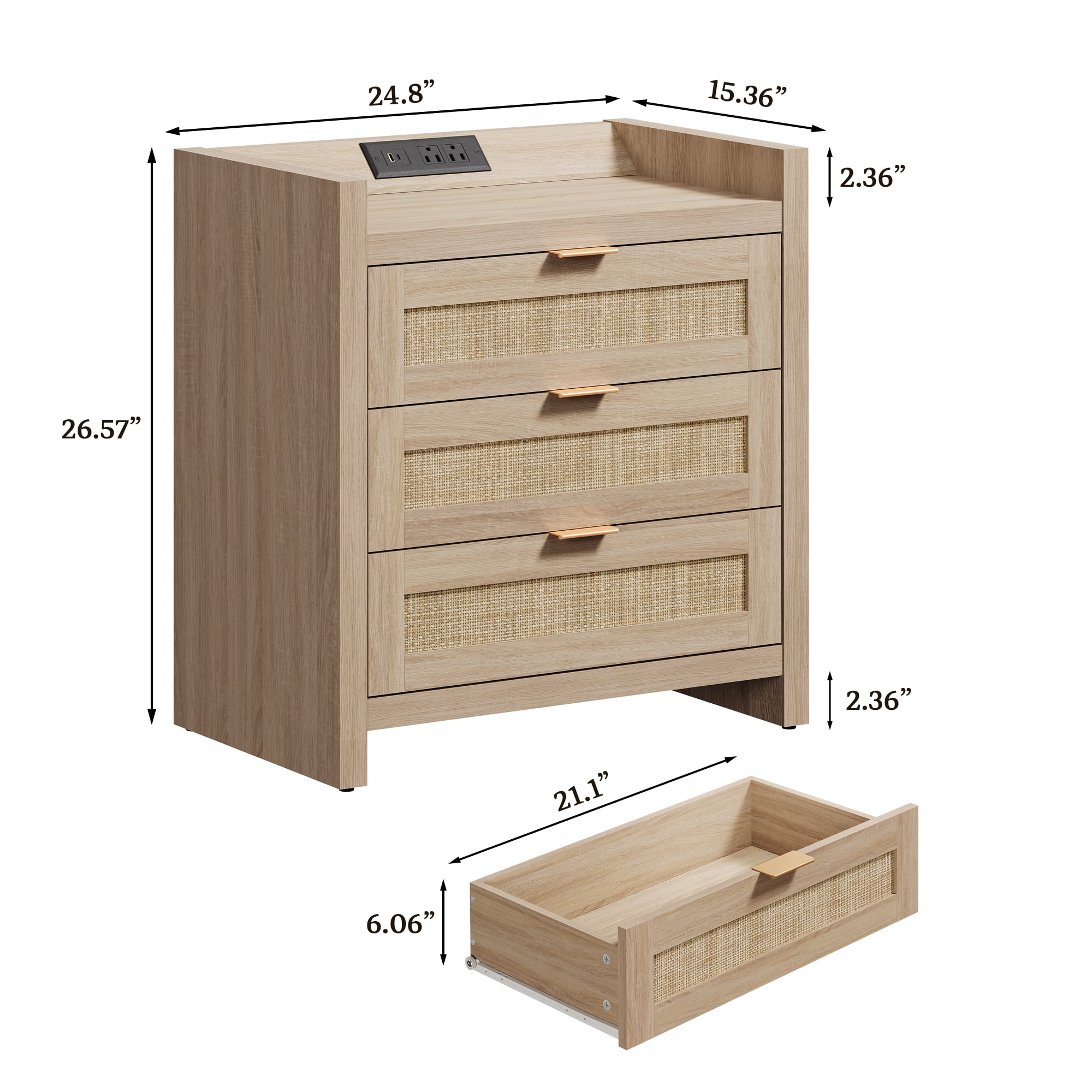 SICOTAS 26.57"H Tall Boho Night Stands Set 2 with Charging Station, Rattan Farmhouse Nightstands with 3 Drawers and Type-c Ports End Table Bed Side Table for Bedroom Enrtyway Livingroom,Light Oak