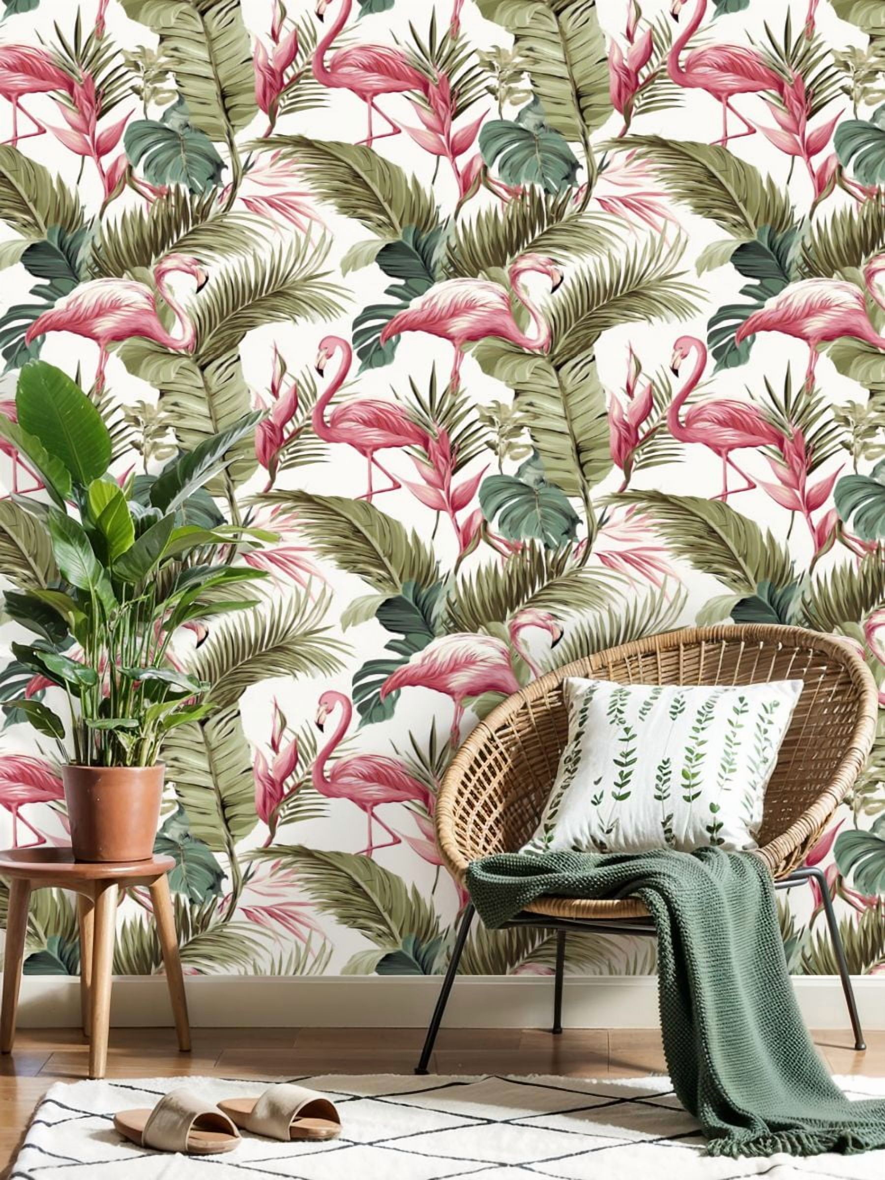Vintage Peel and Stick Wallpaper Tropical Flamingo Palm Leaf Pink Green Foliage Wall Mural 23.6in x 9.8ft Self Adhesive Removable Wall Paper Renter Friendly Wallpaper for Nursery Bedroom Cabinets