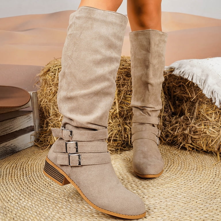 Long Fall Boo JHOKCI Slouchy Knee High Boots Women Wide Calf Buckle Straps Chunky ...