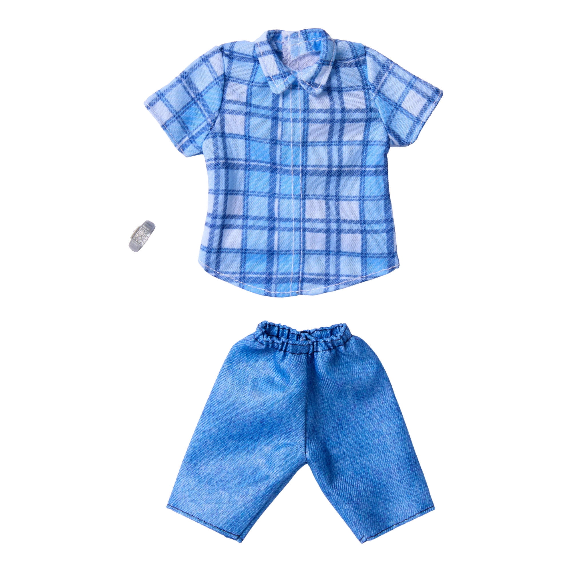 Barbie Style Complete Looks Ken Doll Fashions with Blue Plaid Top, Blue Denim Shorts, and Silver Watch