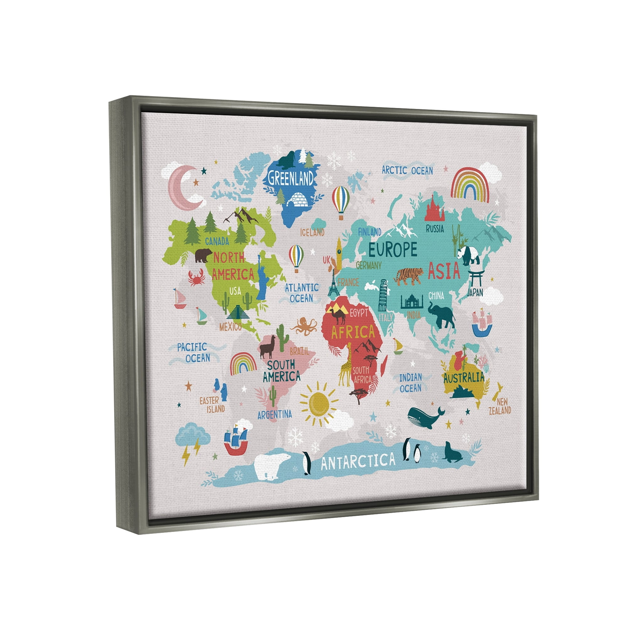 Stupell Industries Native Animals World Map Educational Wildlife Atlas Graphic Art Luster Gray Floating Framed Canvas Print Wall Art, Design by Lisa Whitebutton