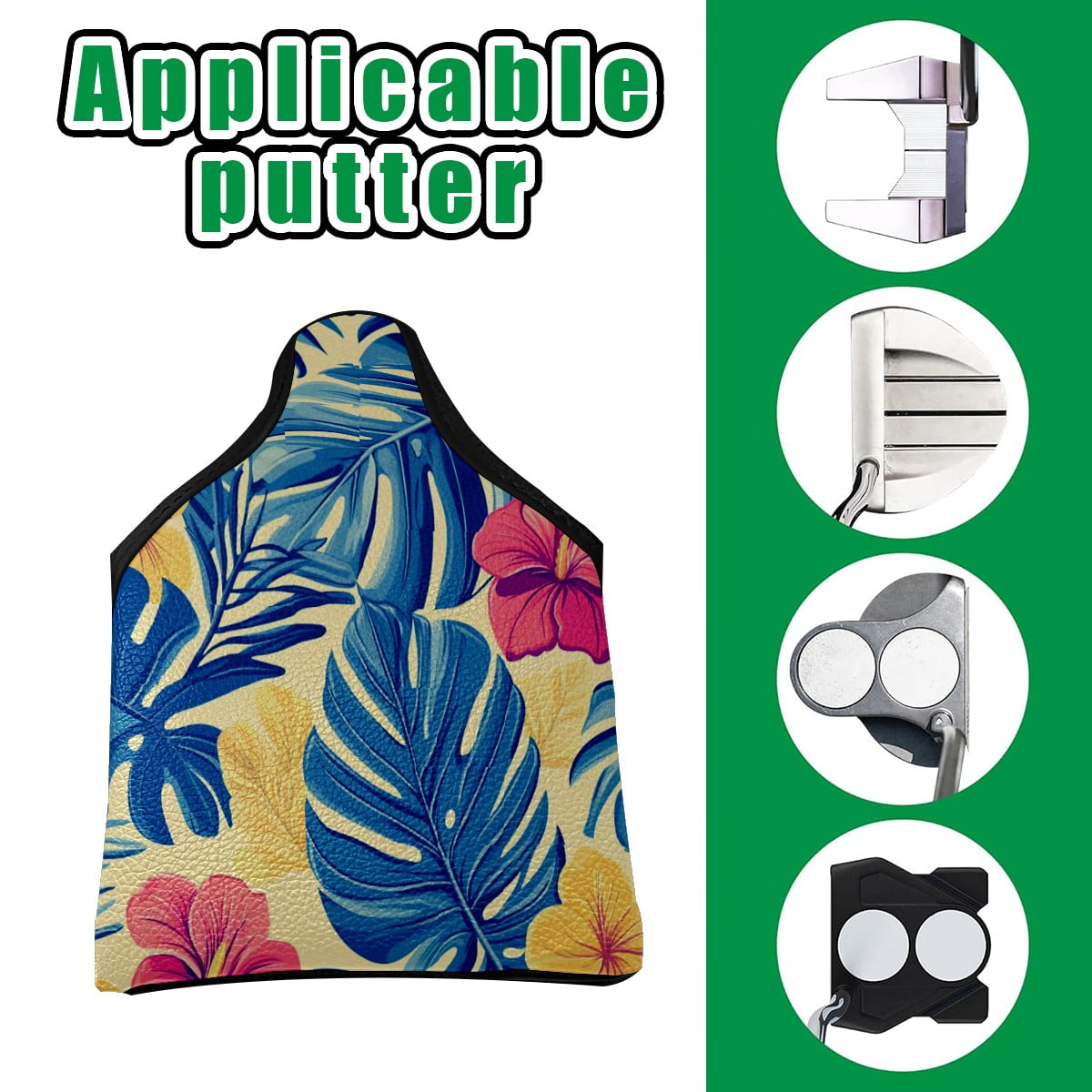 Golf Mallet Putter Cover Premium Leather Waterproof Golf Putter Head Cover with Magnetic Closure Tropical Leaves And Flowers