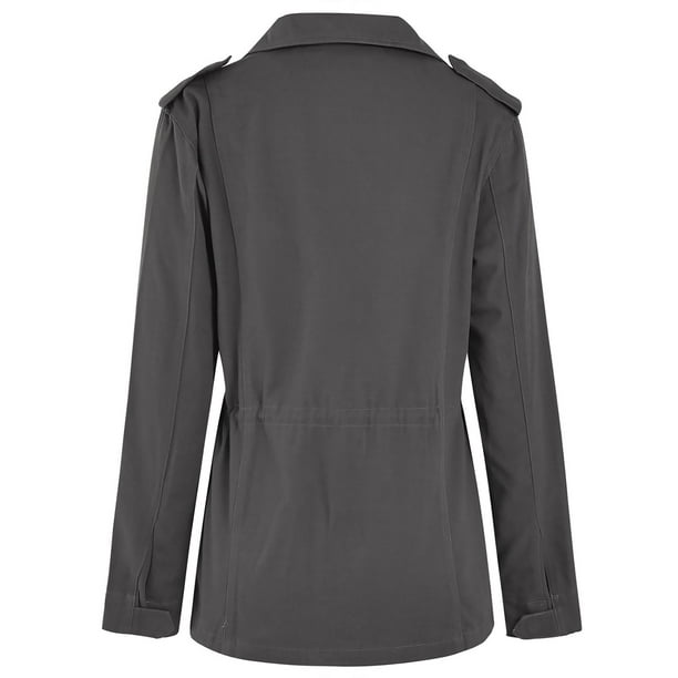 Bellella Women Coat Solid Color Military Jacket Long Sleeve Outwear Casual Lapel Utility Jackets Outdoor Grey XL