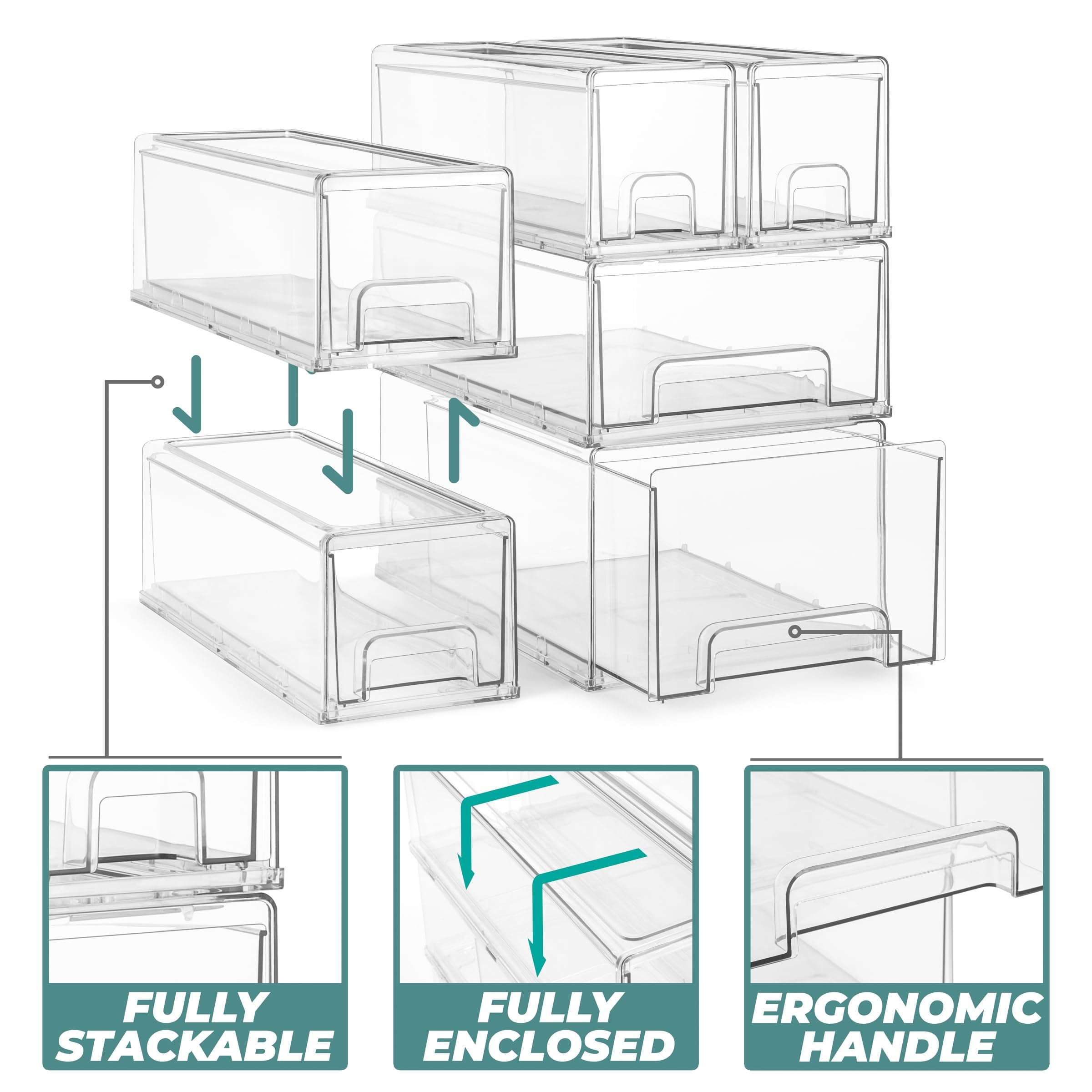 Sorbus Stackable Storage Drawers, Clear Plastic Organizer Bins with Handles, 2 Large & 4 Small