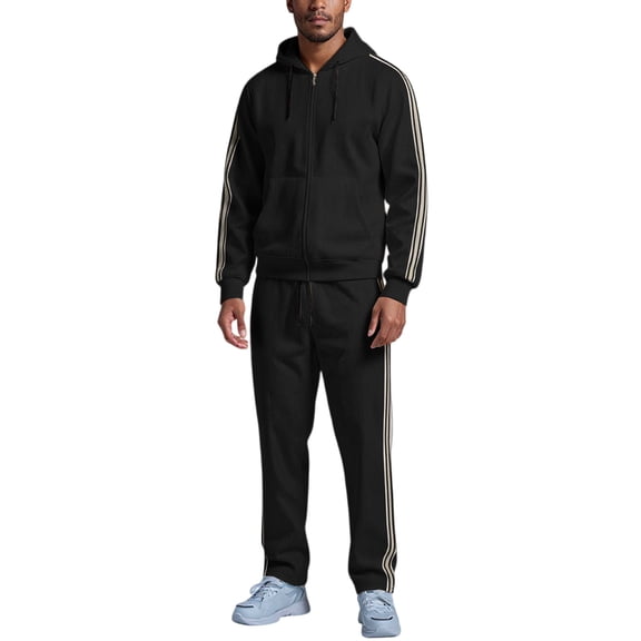 Men's Full Zip Hooded Tracksuit Set with Stripe Detail Long Sleeve Jacket and Drawstring Pants for Everyday Wear