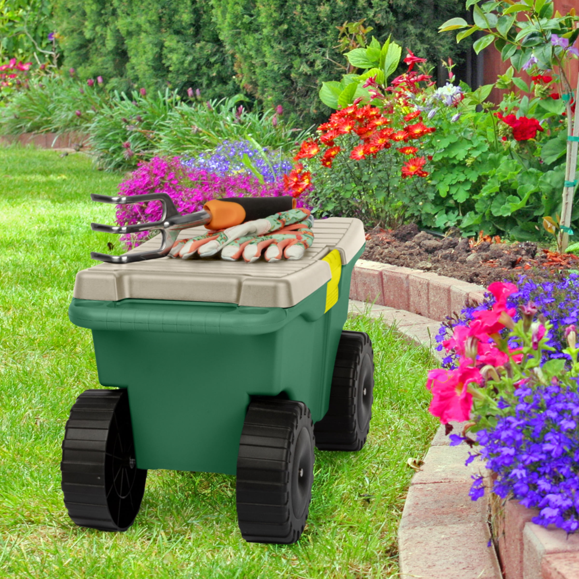 Pure Garden Rolling Garden Cart with Seat - Storage with Tool Tray