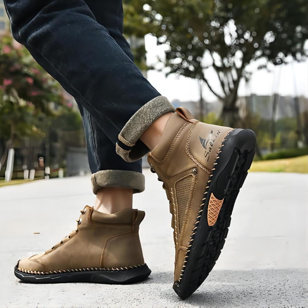 Men's Casual Leather Boots Handmade Lightweight Breathable Anti-slip Impact-resistant Sneakers Chukka Hiking Loafers Shoes Yellow 11.5 US