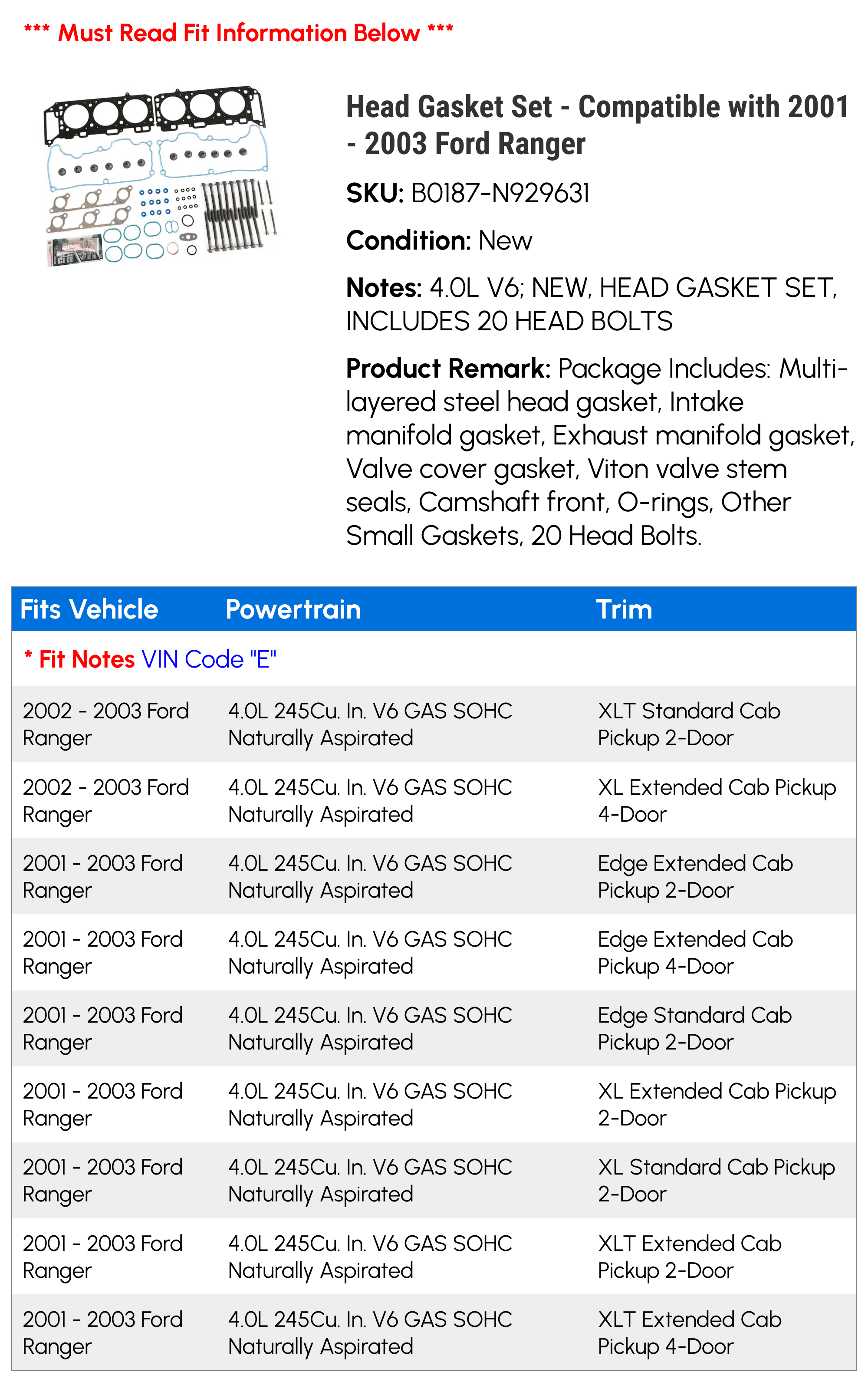 Head Gasket Set - Compatible with 2001 - 2003 Ford Ranger 2002