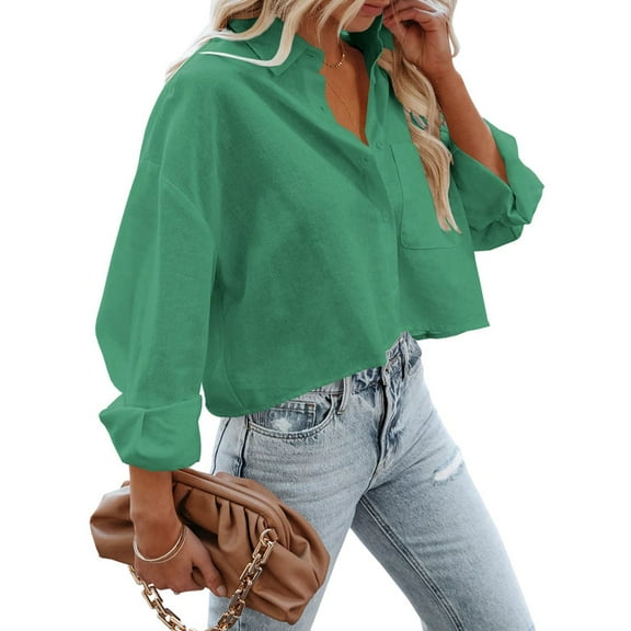 Womens Button Down Shirts Long Sleeve Casual Crop Tops Solid Lapel Blouse Shirt with Chest Pocket Emerald Green S