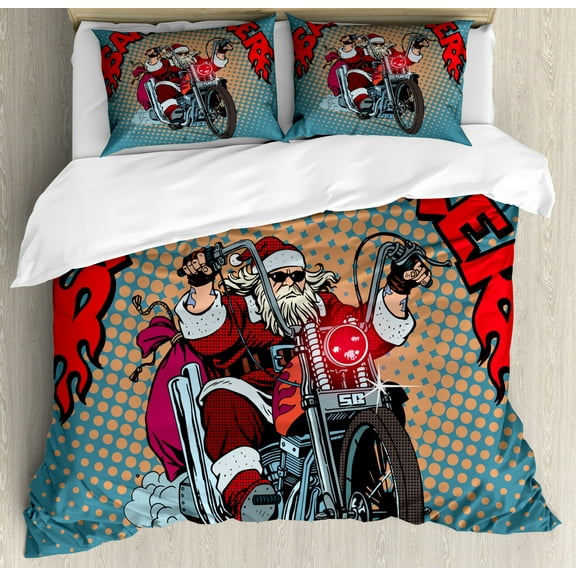 Santa Duvet Cover Set Queen Size, Biker Santa Claus Riding a Motorcycle Pop Art Retro Style Background Halftone Effect, Decorative 3 Piece Bedding Set with 2 Pillow Shams, Multicolor, by Ambesonne