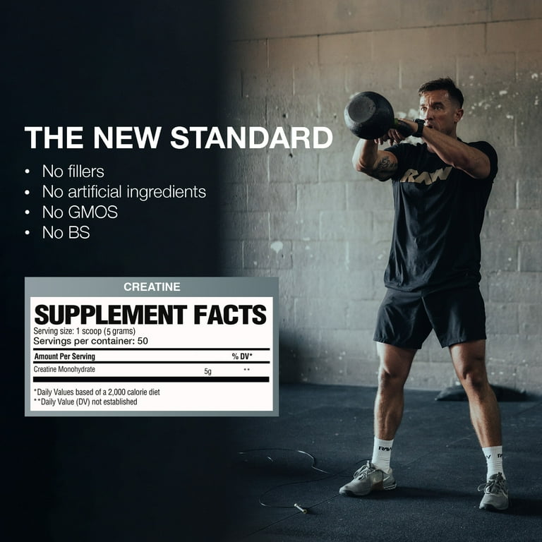 RAW Nutrition Essential 100% Pure Creatine Monohydrate, Unflavored, 8.81 oz, 50 Servings