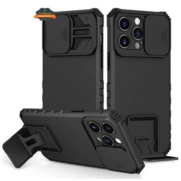 For Apple iPhone 14 Pro (6.1") Hybrid Hard TPU Rubber Shockproof with Vertical Kickstand & Camera Cover Protection Phone Case Cover by Xpression - Black
