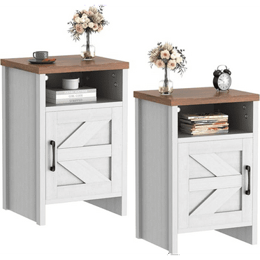 Farmhouse Nightstand, Modern Bedside Table with Barn Door and Shelf, Rustic End Table Side Table for Bedroom, Living Room (2, White)