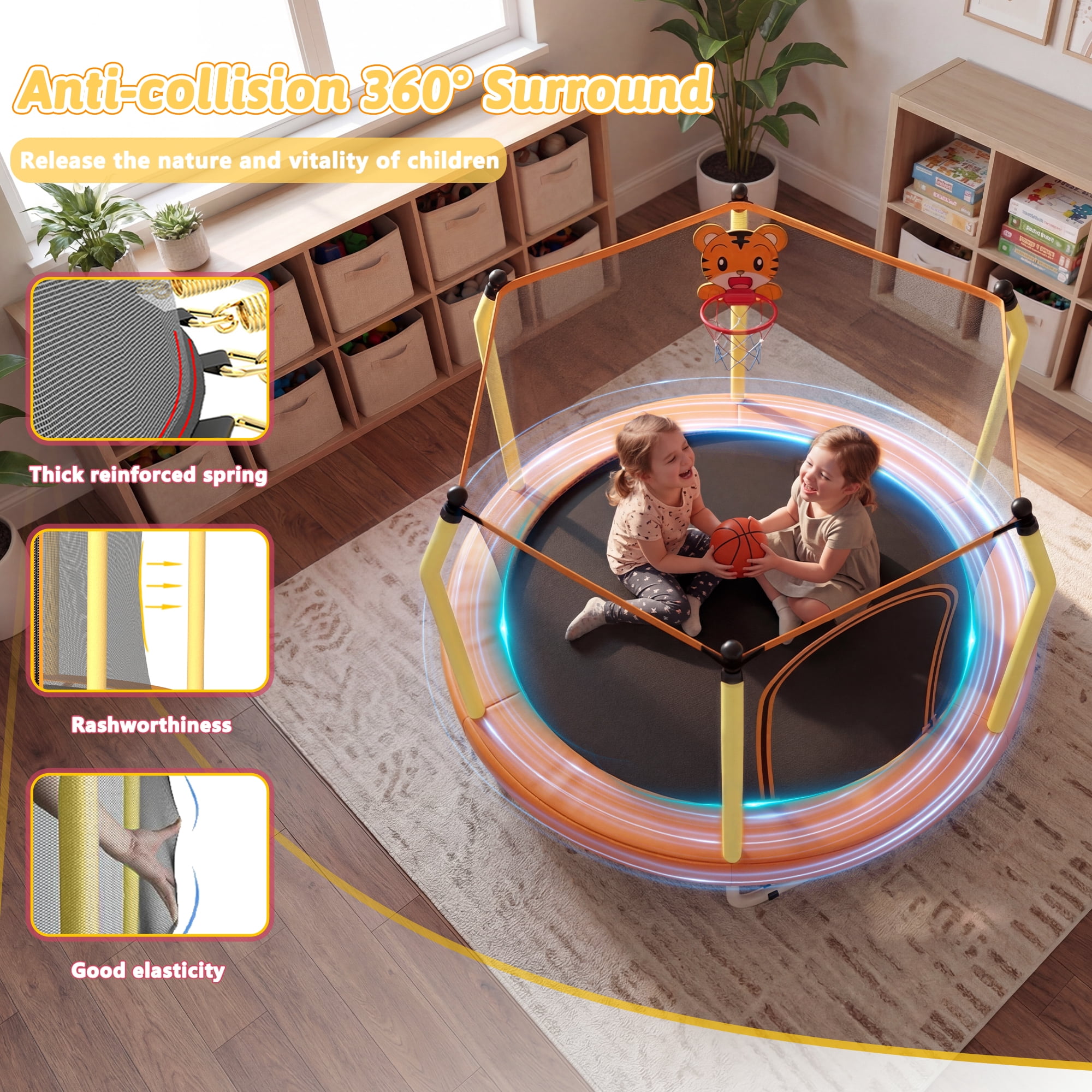 Mersco 55inch Kids Trampoline for Toddlers,Indoor and Outdor Trampoline with Safety Net, Mini Small Children Trampolines with Basketball  Hoop,Toddler Trampoline Birthday Gifts for Boys Girls, Orange
