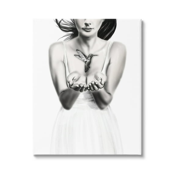 Stupell Industries Girl with Hummingbird Animals & Insects Painting Gallery Wrapped Canvas Print Wall Art, 16 x 20