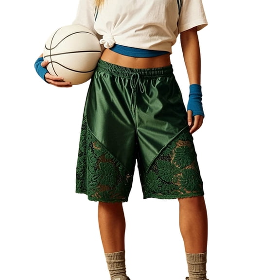 KHONTS Women's Lace Satin High Waisted Bermuda Shorts Knee Length Cute Basketball Shorts Green XL