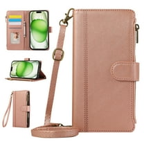 Zipper Wallet Cover for iPhone 11, Case with Crossbody Strap & Wrist Strap Card Holder Folding Stand Premium PU Leather Folio Flip Phone Case for Women for iPhone 11, Rosegold