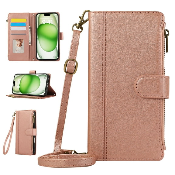 Zipper Wallet Cover for iPhone 11, Case with Crossbody Strap & Wrist Strap Card Holder Folding Stand Premium PU Leather Folio Flip Phone Case for Women for iPhone 11, Rosegold