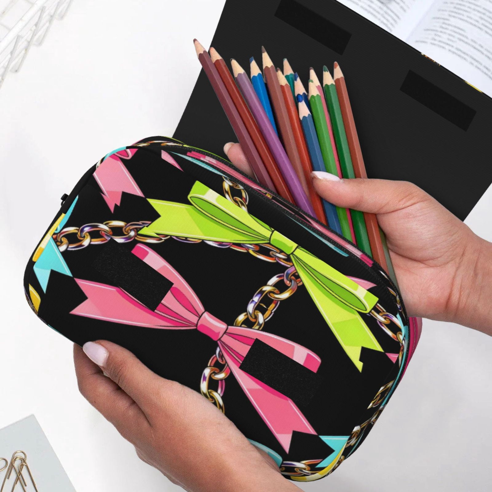 Large-Capacity Flip-Top Double-Layer Pencil Case, Multi-Functional Pocket Pen Case, Durable Stationery Organizer Colorful Bow Chain