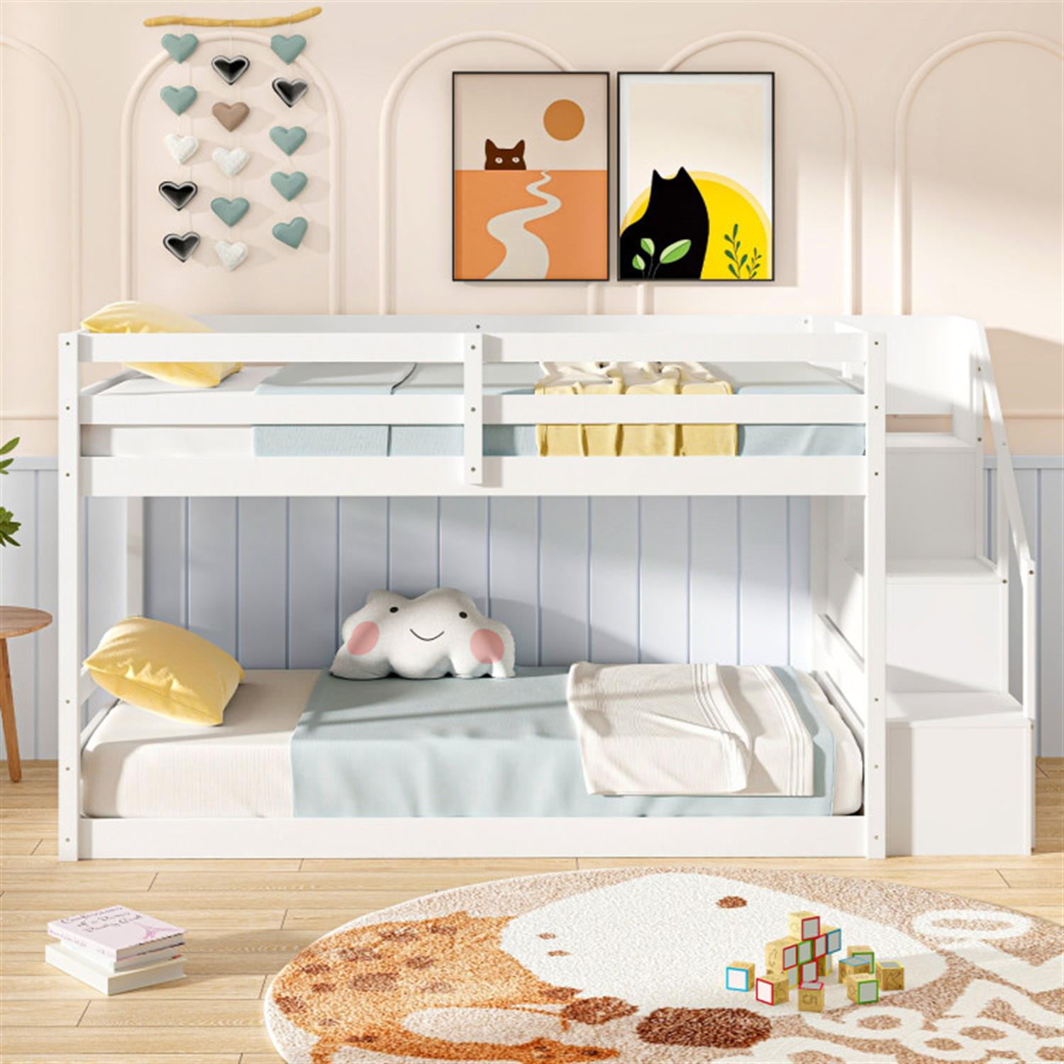 Demi Bonn Twin Over Twin Low Bunk Bed with Storage Stairs, Solid Wood Floor Bunkbeds Frame for Bedroom, No Box Spring Needed, White
