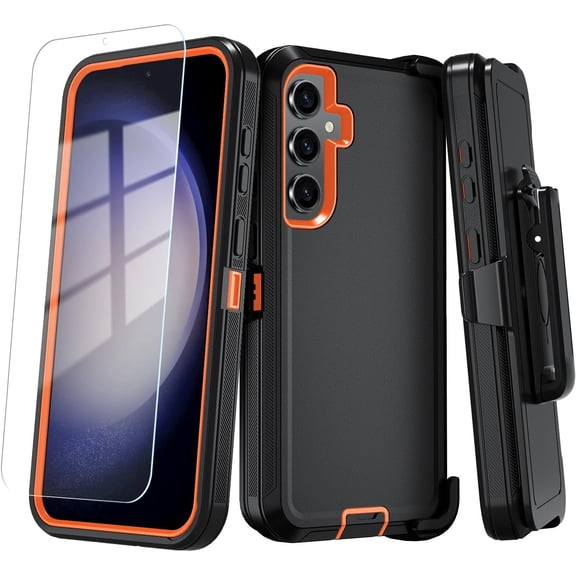 for Samsung Galaxy S24  / S24 Plus Case with HD Screen Protector [Not fit S24 / S24 Ultra], Samsung S24 Plus Phone Case,Heavy Duty Case for Samsung S24 Plus 6.7" (BeltClip_BlackOrange)
