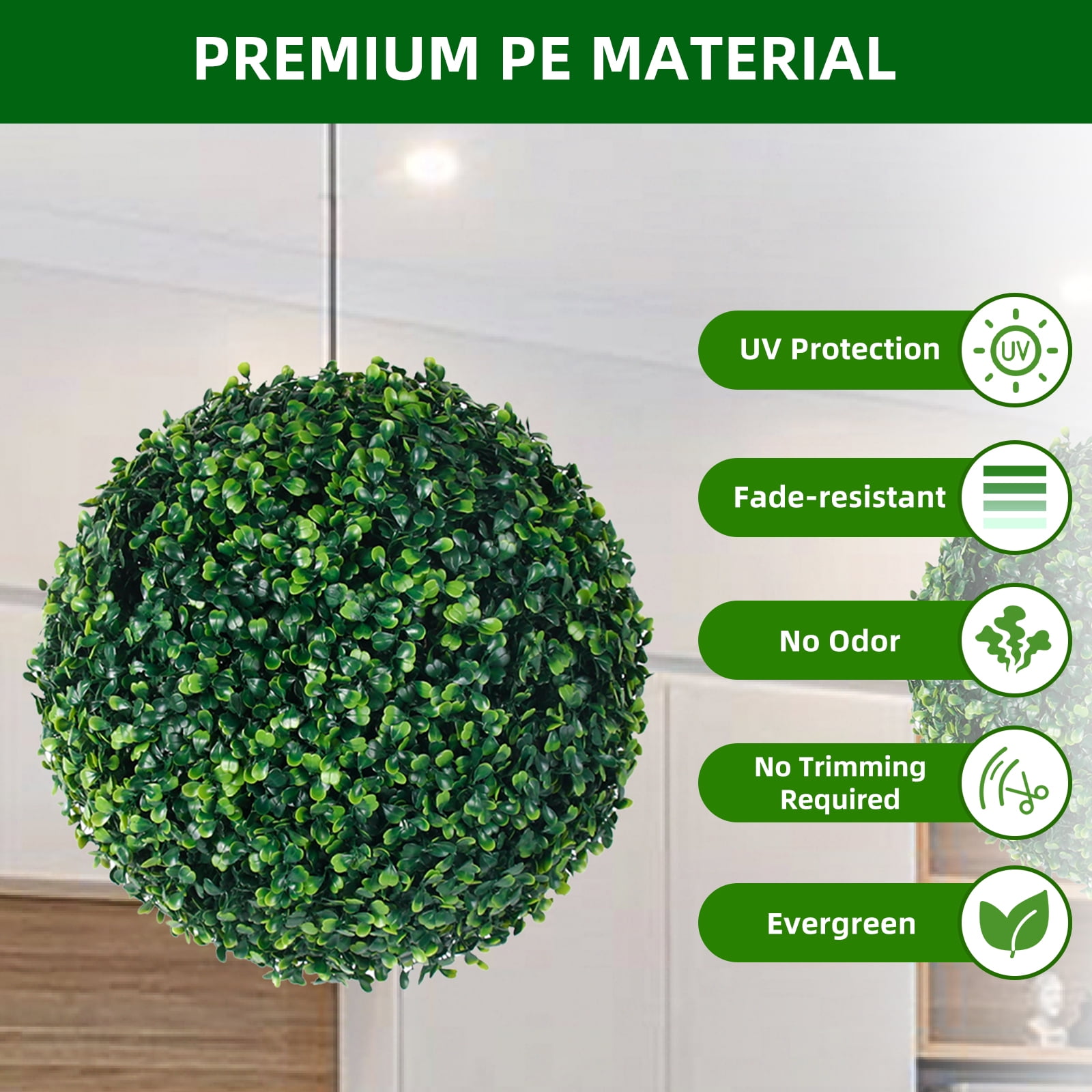 2 Pcs Faux Boxwood Balls, Artificial Outdoor Plant Topiary Balls, Fake Green Plants Decorative Spheres, for Front Porch Garden Backyard Balcony Wedding Home Decor, Green, 38cm/48cm