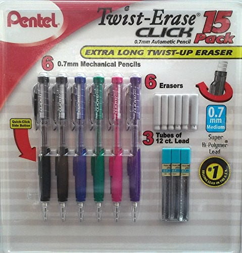 Pentel Twist-Erase Click Automatic Pencil Set 0.7mm Long Eraser Refills 15 Pack 