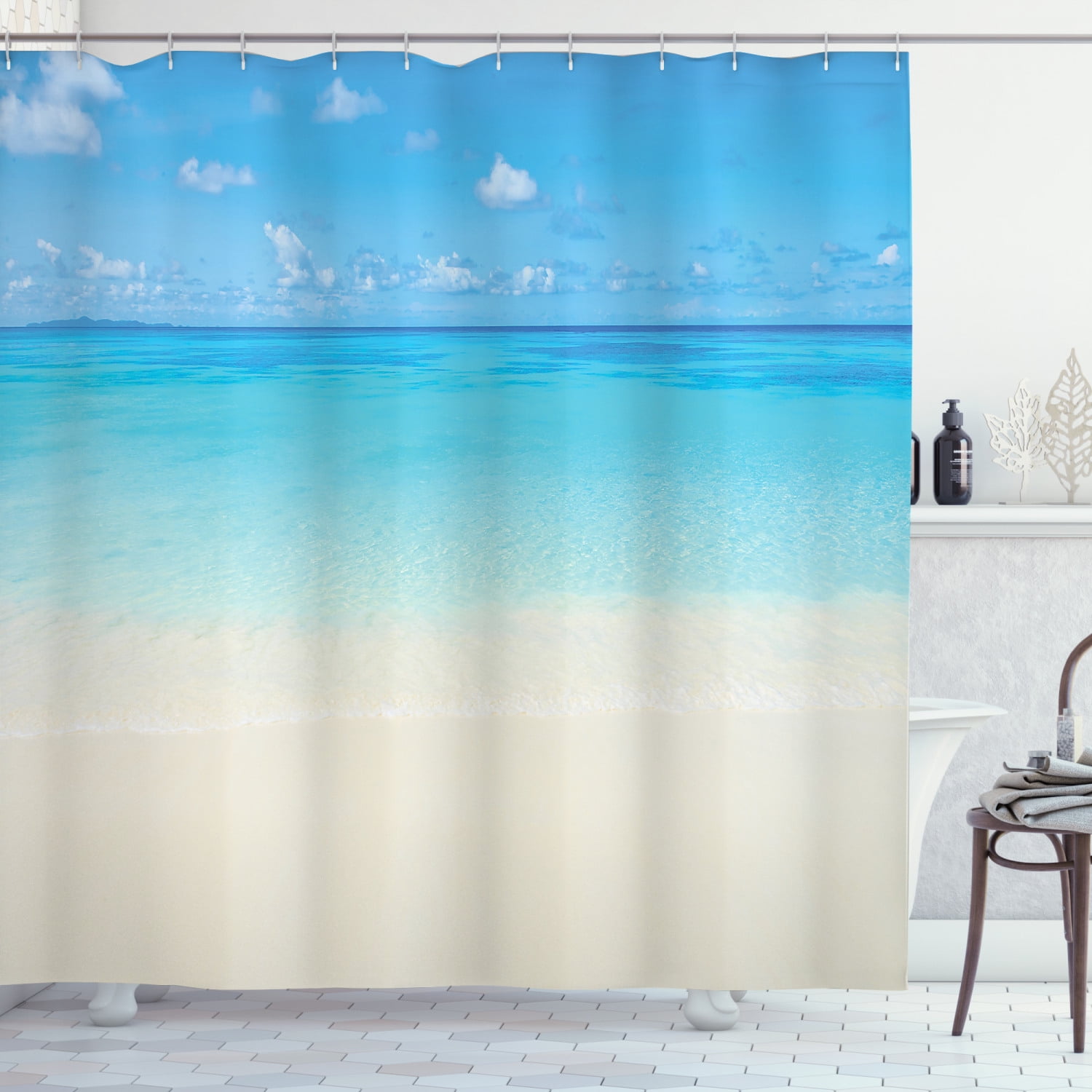 Shower Curtain Liner with Hooks Set Bathroom Supply 71x71 inch Marine Theme 