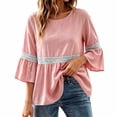 thumbnail image 5 of Lenpel 3/4 Length Sleeve Womens Tops Cotton Linen Crew Neck Fashion Peplum Blouses Casual Loose Eyelet Lace Patchwork Shirts Fall Clothes, 5 of 7