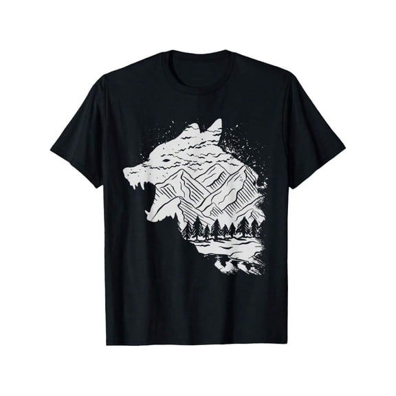 Men's Wolf Mountain Silhouette Graphic T-Shirt Nature Wilderness Short Sleeve Cotton Tee