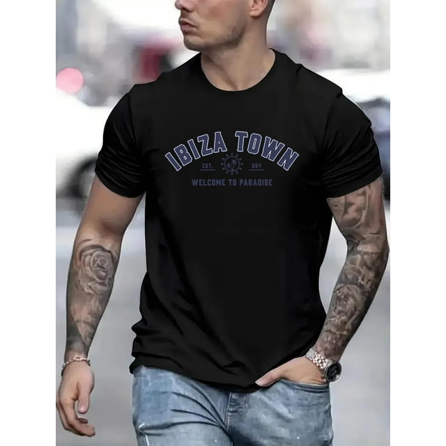 T-Shirt Col Rond Décontracté pour Hommes avec Imprimé IBIZA Town, Tissu Tricoté 100 % Polyester, Coupe Régulière Manches Courtes pour Adulte, Homme, Femme, Adolescent, Adolescent, Fête des Pères, Fête des Mères