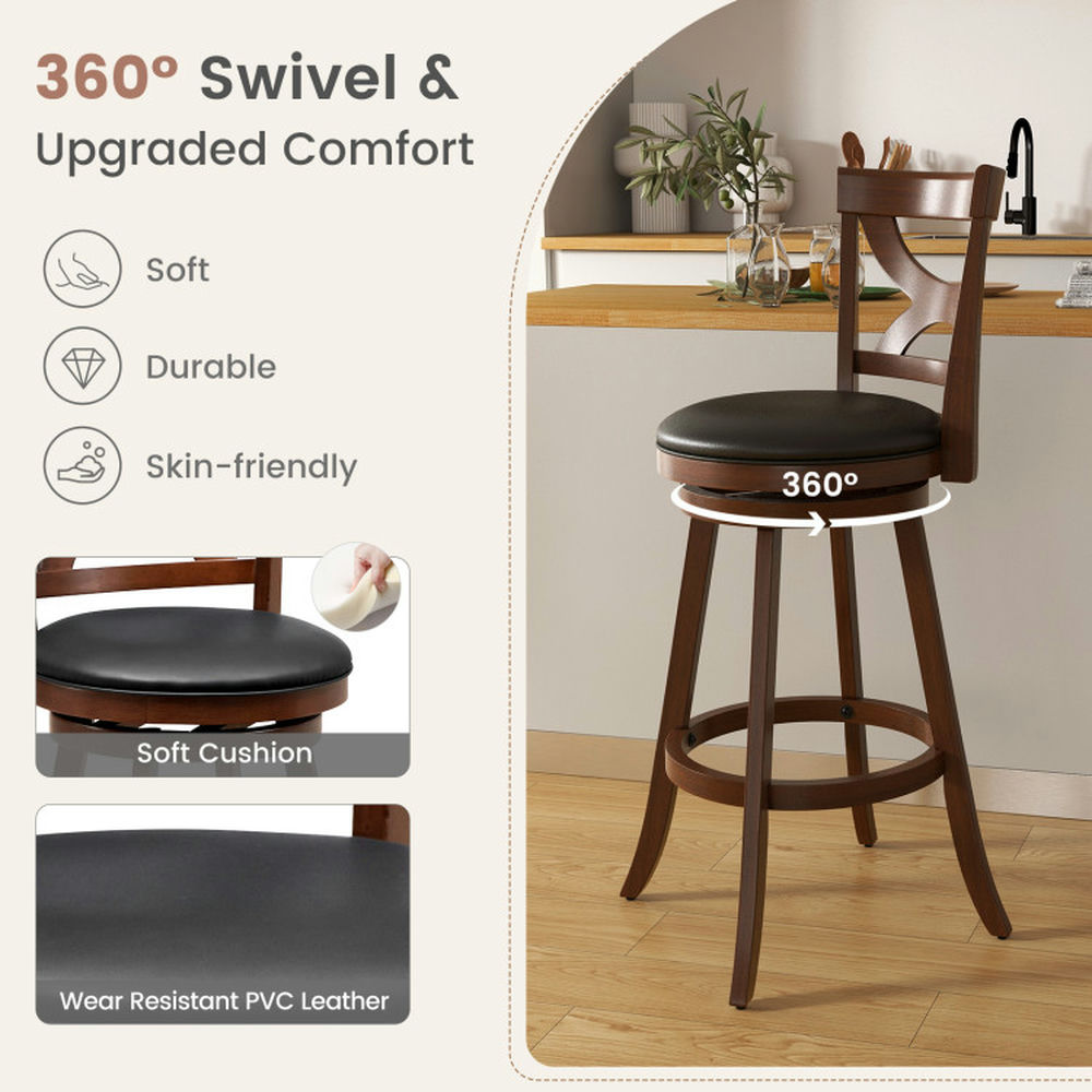 Demi Bonn 29" Set of 2 Swivel Bar Stools with Soft Cushion and Elegant Hollow Backrest, Modern Kitchen Dining Chair, Brown