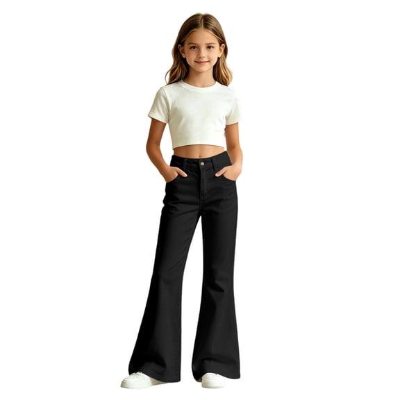 Landzoo Little Girls Back To School Trousers Solid Color Zip Front With Pockets Fall Soft Girls Flare Leg Pants Size 5-6 Years